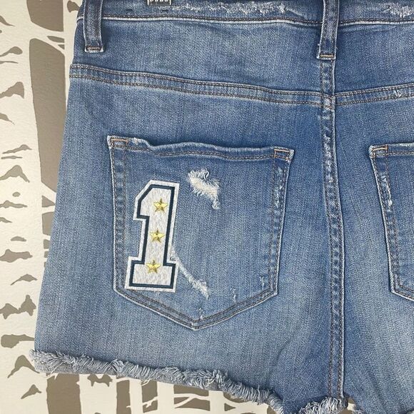 Express High Waist Cut Off Jean Shorts with Patches 6 - Picture 5 of 11